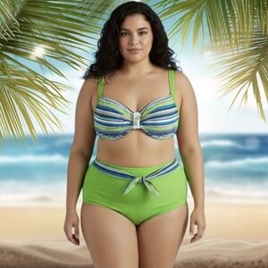 Kina Vibrant Striped Lime Green Bikini Set, Size 18
